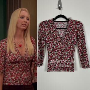 Rare Vintage Pink Print Top ASO Phoebe Buffay Friends V-Neck Faux Wrap Y2K XS